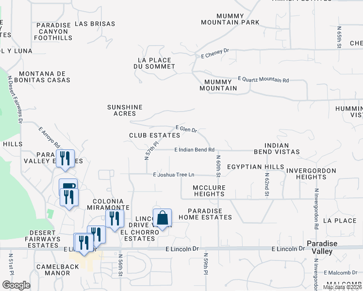 map of restaurants, bars, coffee shops, grocery stores, and more near 5826 East Indian Bend Road in Paradise Valley