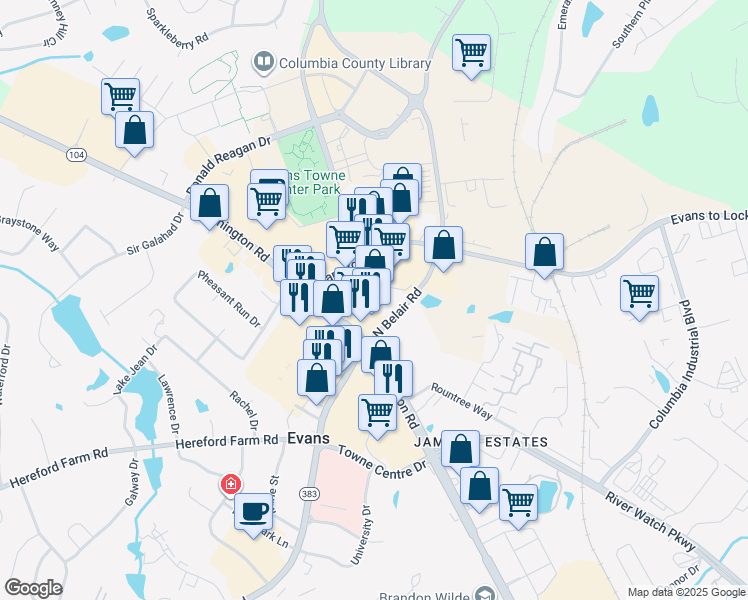 map of restaurants, bars, coffee shops, grocery stores, and more near 601 North Belair Square in Evans