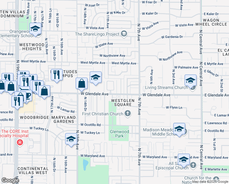 map of restaurants, bars, coffee shops, grocery stores, and more near 1001 West Cactus Wren Drive in Phoenix