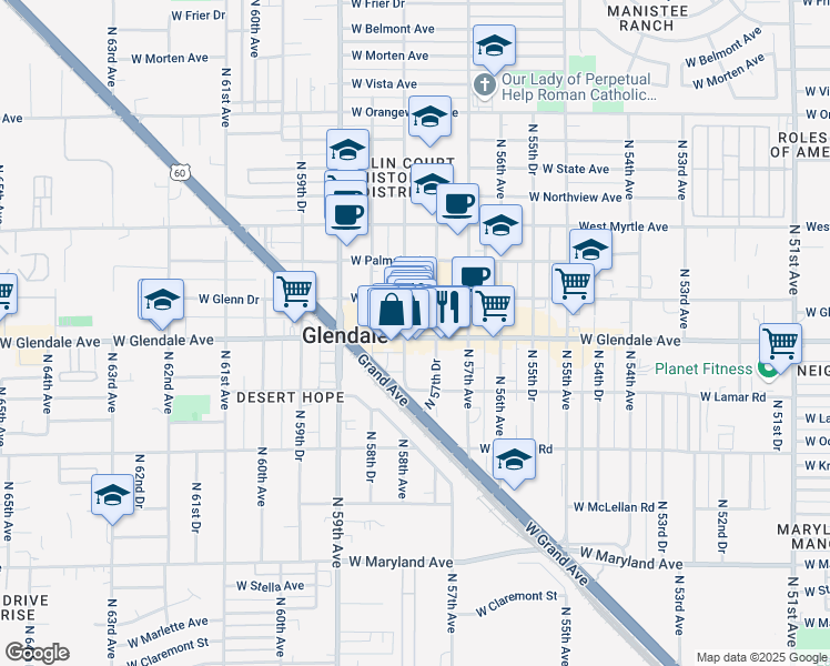 map of restaurants, bars, coffee shops, grocery stores, and more near in Glendale
