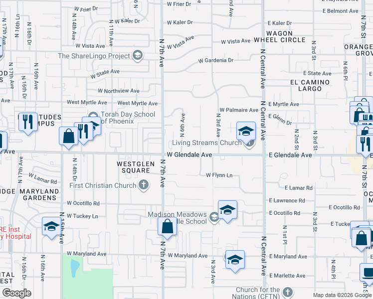 map of restaurants, bars, coffee shops, grocery stores, and more near 420 West Glendale Avenue in Phoenix