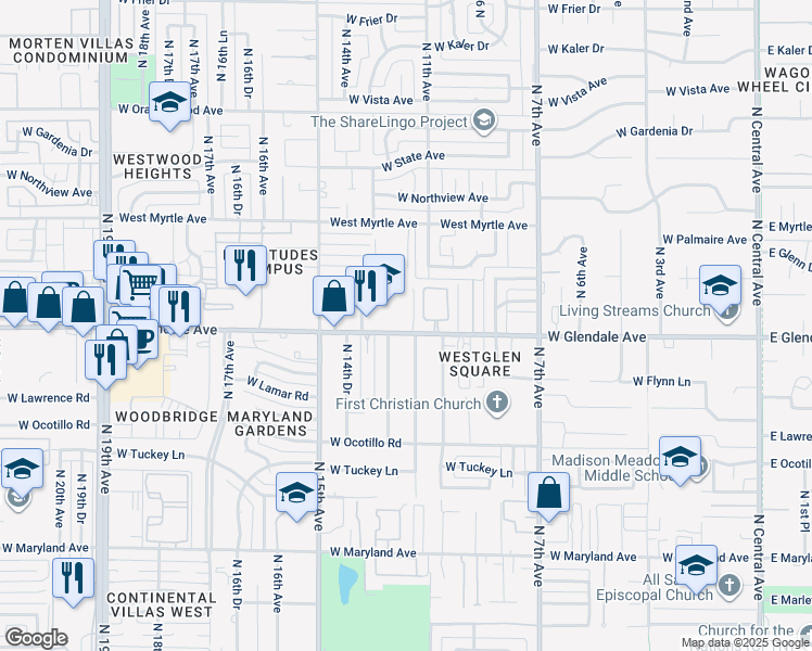 map of restaurants, bars, coffee shops, grocery stores, and more near 1102 West Glendale Avenue in Phoenix