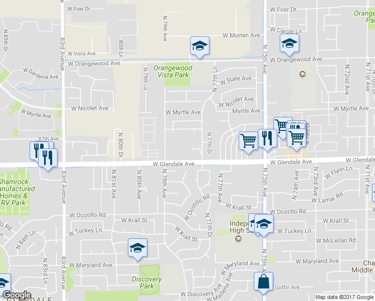map of restaurants, bars, coffee shops, grocery stores, and more near 7822 West Glendale Avenue in Glendale