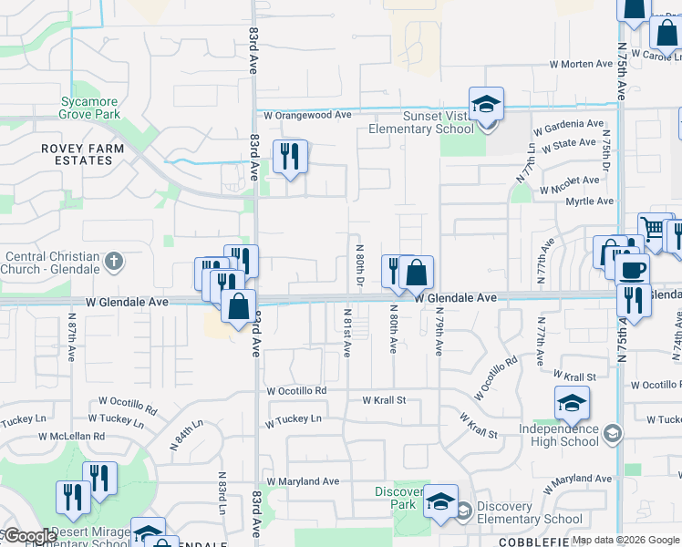 map of restaurants, bars, coffee shops, grocery stores, and more near 7018 North 80th Drive in Glendale