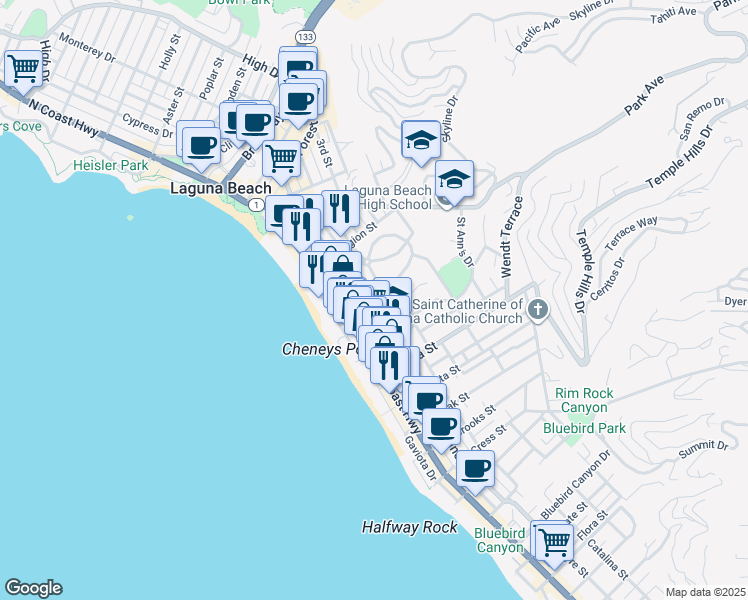 map of restaurants, bars, coffee shops, grocery stores, and more near 684 Glenneyre Street in Laguna Beach
