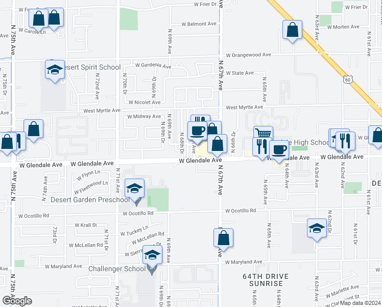 map of restaurants, bars, coffee shops, grocery stores, and more near 6802 West Glendale Avenue in Glendale