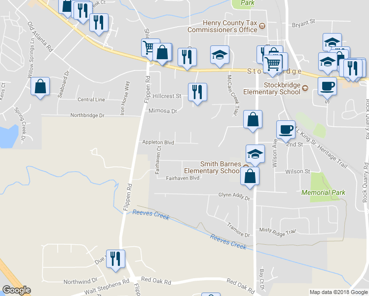 map of restaurants, bars, coffee shops, grocery stores, and more near 142 Appleton Boulevard in Stockbridge