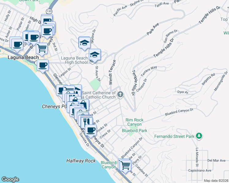 map of restaurants, bars, coffee shops, grocery stores, and more near 941 Temple Terrace in Laguna Beach