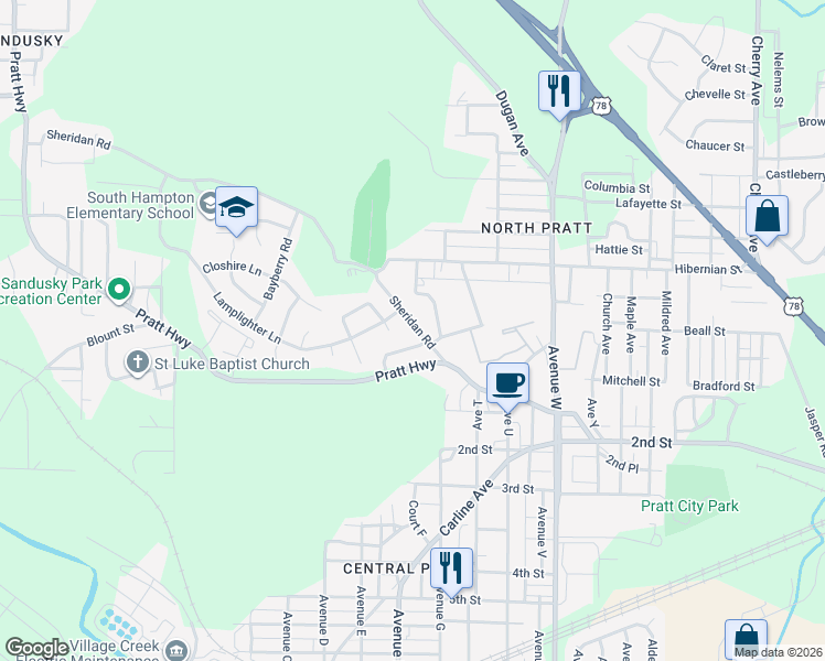 map of restaurants, bars, coffee shops, grocery stores, and more near 217 Sheridan Road in Birmingham