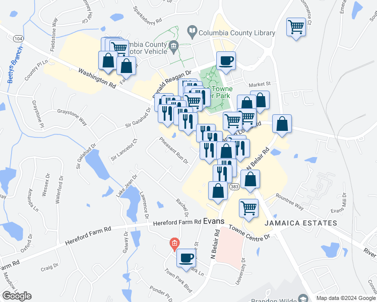 map of restaurants, bars, coffee shops, grocery stores, and more near 4406 Squab Court in Evans