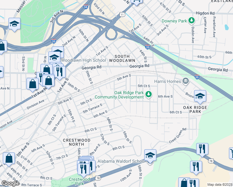 map of restaurants, bars, coffee shops, grocery stores, and more near 549 60th Place South in Birmingham
