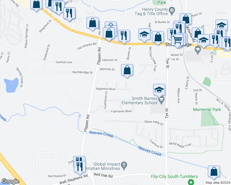 map of restaurants, bars, coffee shops, grocery stores, and more near 128-130 Appleton Boulevard in Stockbridge