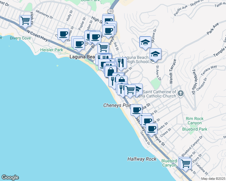 map of restaurants, bars, coffee shops, grocery stores, and more near 609 Sleepy Hollow Lane in Laguna Beach