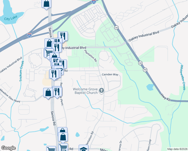 map of restaurants, bars, coffee shops, grocery stores, and more near 110 Jaclyn Way in Fairburn