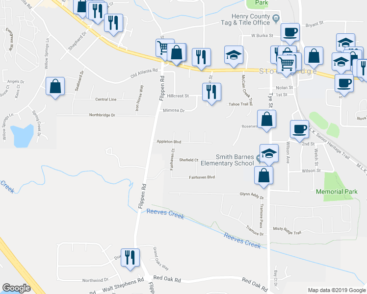 map of restaurants, bars, coffee shops, grocery stores, and more near 124 Appleton Boulevard in Stockbridge