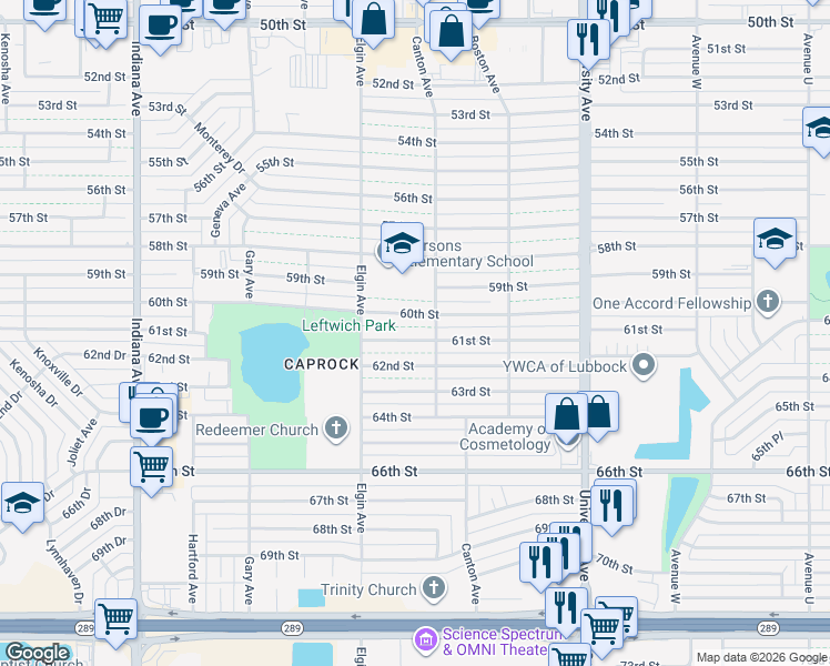 map of restaurants, bars, coffee shops, grocery stores, and more near 2808 61st Street in Lubbock