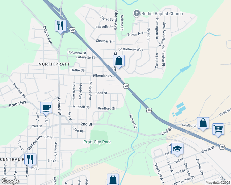 map of restaurants, bars, coffee shops, grocery stores, and more near 1612 Beall Street in Birmingham