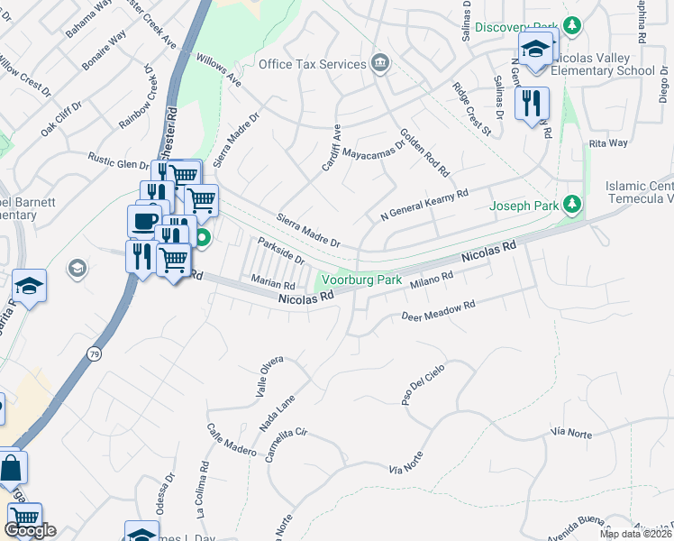 map of restaurants, bars, coffee shops, grocery stores, and more near 27680 Parkside Drive in Temecula