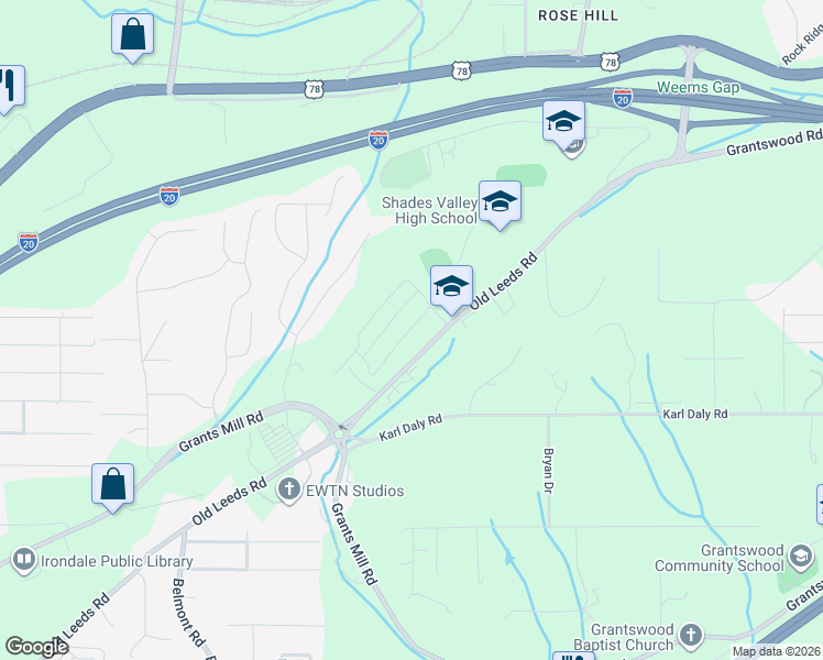map of restaurants, bars, coffee shops, grocery stores, and more near 5889 Old Leeds Road in Irondale