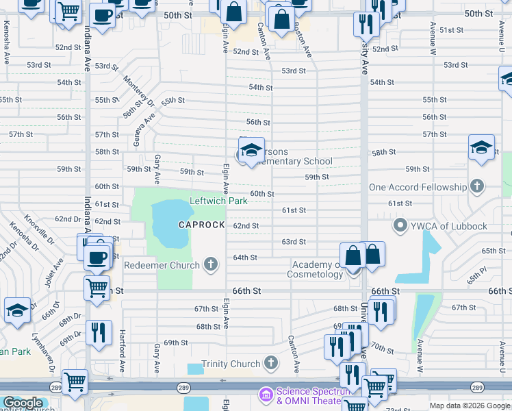 map of restaurants, bars, coffee shops, grocery stores, and more near t2805 61st Street in Lubbock