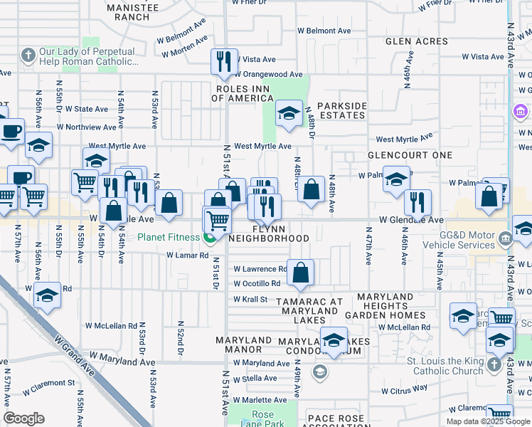 map of restaurants, bars, coffee shops, grocery stores, and more near 4918 West Glendale Avenue in Glendale