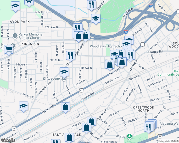 map of restaurants, bars, coffee shops, grocery stores, and more near 221 52nd Street North in Birmingham