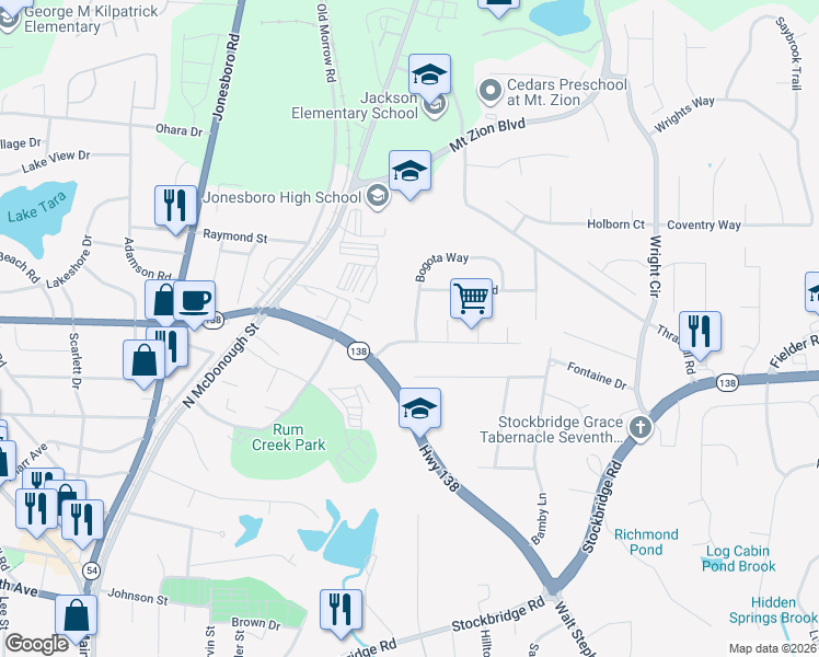 map of restaurants, bars, coffee shops, grocery stores, and more near 1470 Bogota Way in Jonesboro