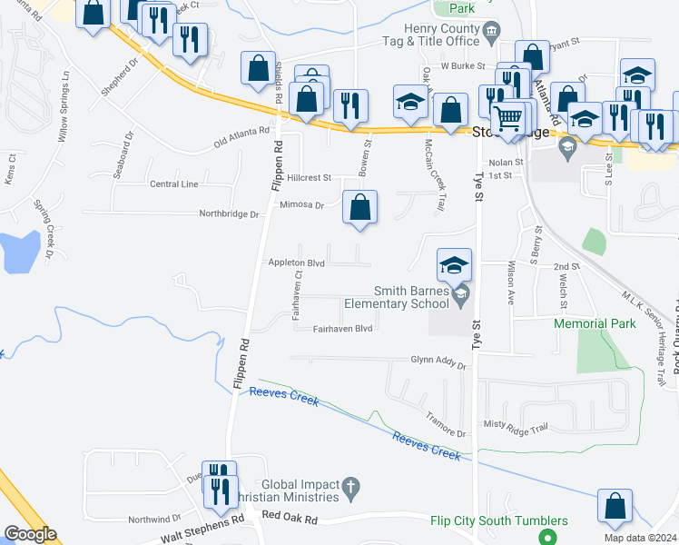 map of restaurants, bars, coffee shops, grocery stores, and more near 138 Appleton Boulevard in Stockbridge
