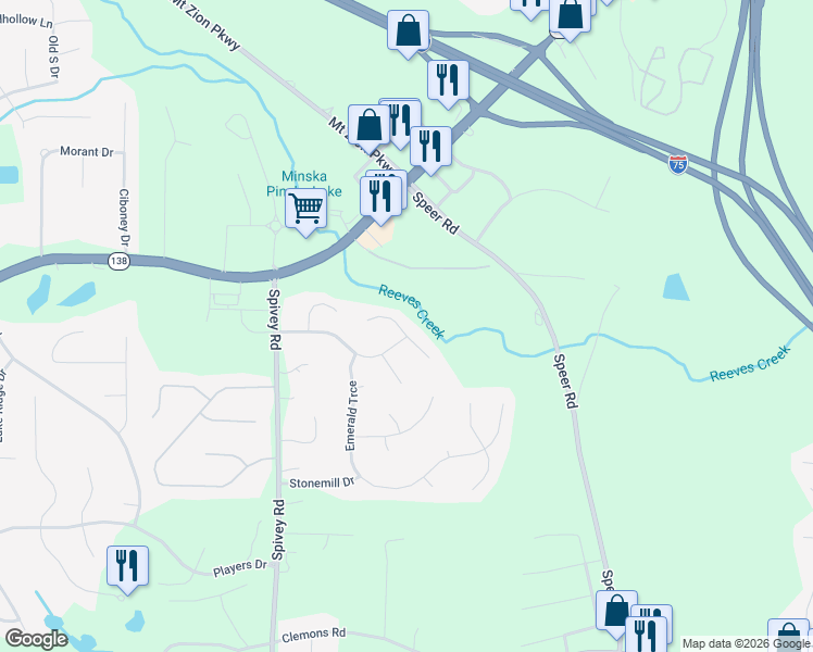 map of restaurants, bars, coffee shops, grocery stores, and more near 232 Reeves Creek Way in Jonesboro