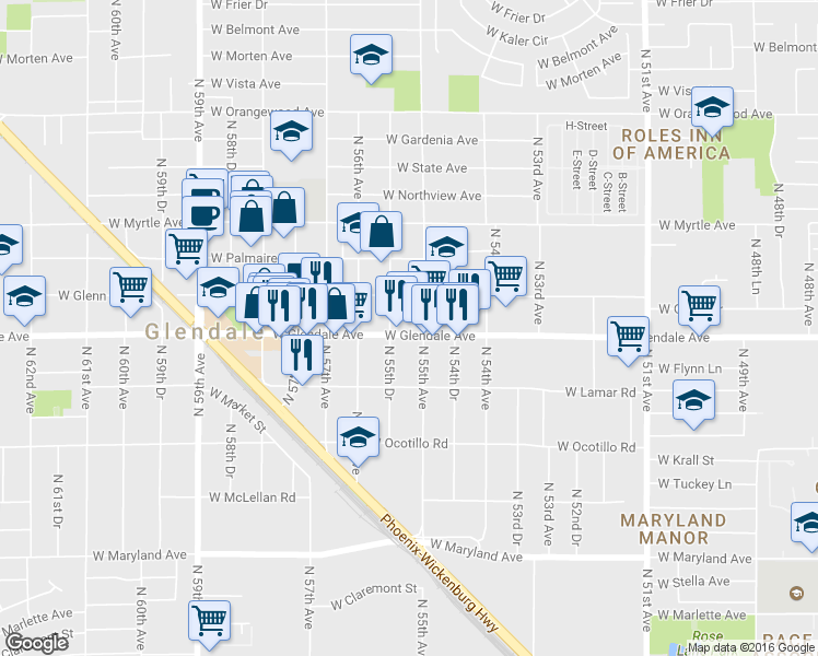 map of restaurants, bars, coffee shops, grocery stores, and more near 5512 West Glendale Avenue in Glendale
