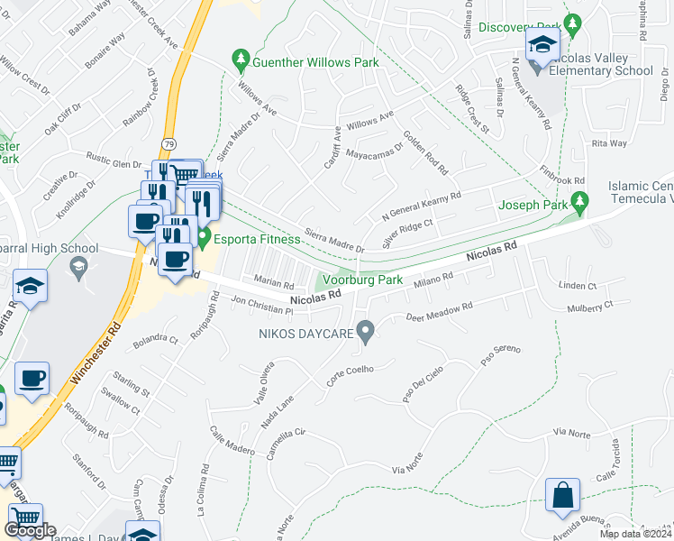 map of restaurants, bars, coffee shops, grocery stores, and more near 27680 Parkside Drive in Temecula