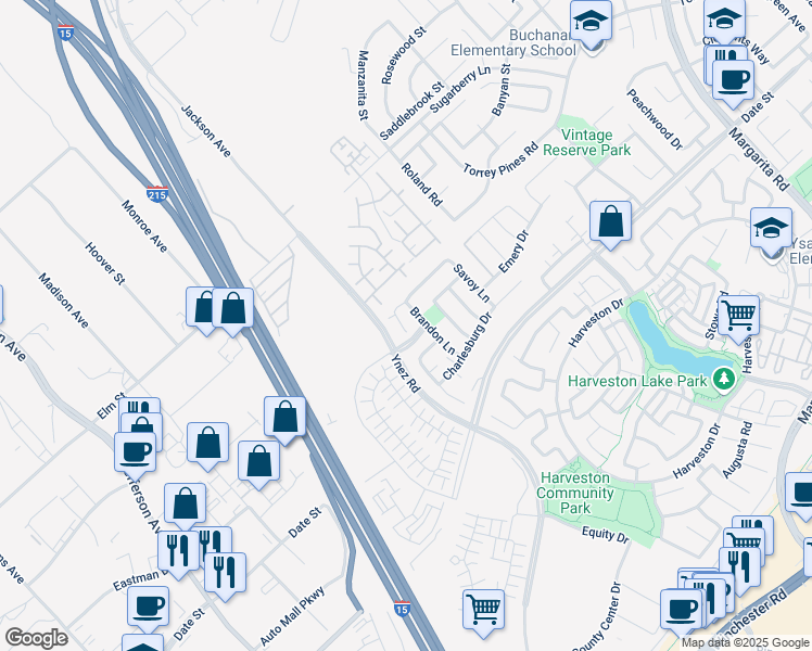 map of restaurants, bars, coffee shops, grocery stores, and more near 40501 Amesbury Lane in Temecula