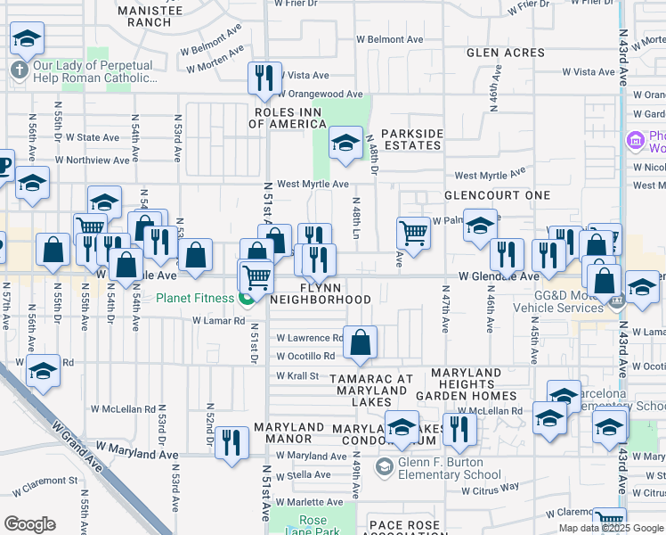 map of restaurants, bars, coffee shops, grocery stores, and more near 4918 West Glendale Avenue in Glendale