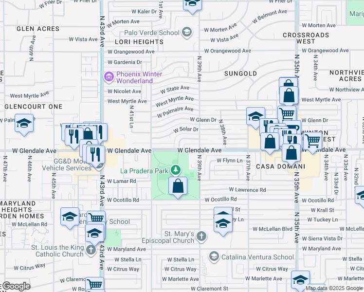 map of restaurants, bars, coffee shops, grocery stores, and more near 3955 West Cactus Wren Drive in Phoenix