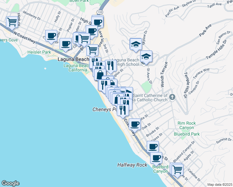 map of restaurants, bars, coffee shops, grocery stores, and more near 667 Glenneyre Street in Laguna Beach