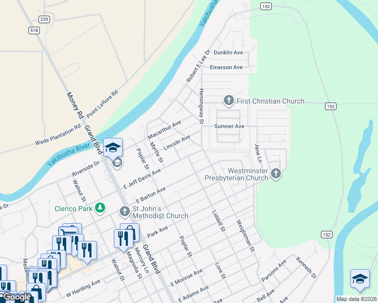 map of restaurants, bars, coffee shops, grocery stores, and more near 417 East Jeff Davis Avenue in Greenwood