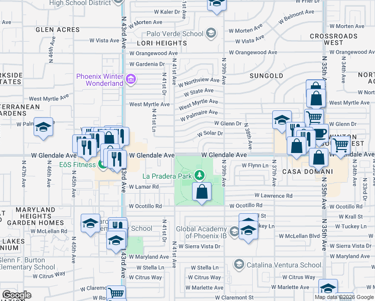 map of restaurants, bars, coffee shops, grocery stores, and more near 4030 West Glendale Avenue in Phoenix