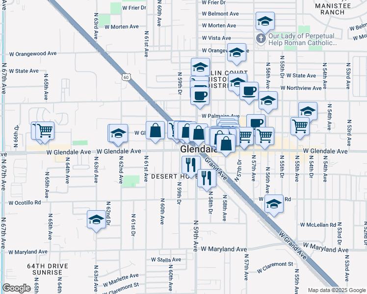 map of restaurants, bars, coffee shops, grocery stores, and more near 6838 North 59th Drive in Glendale