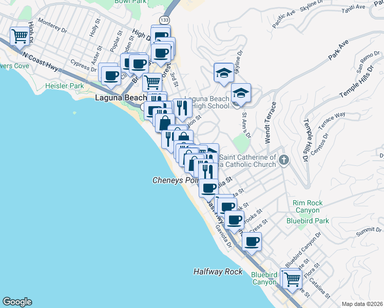 map of restaurants, bars, coffee shops, grocery stores, and more near 667 Glenneyre Street in Laguna Beach