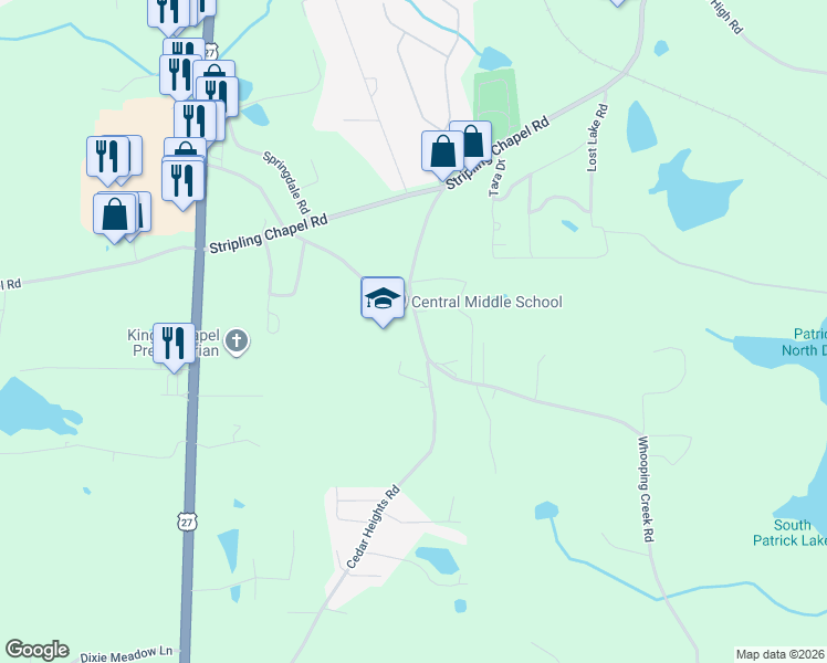 map of restaurants, bars, coffee shops, grocery stores, and more near 155 Whooping Creek Road in Carrollton