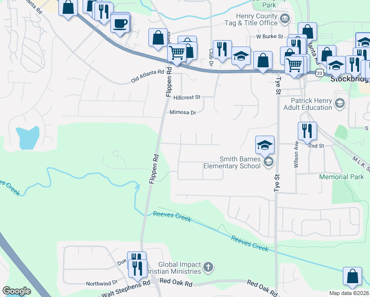 map of restaurants, bars, coffee shops, grocery stores, and more near 116 Fairhaven Court in Stockbridge