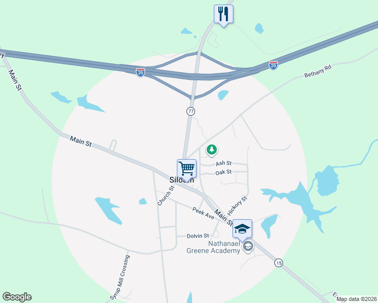 map of restaurants, bars, coffee shops, grocery stores, and more near 3940 Georgia 77 in Greensboro