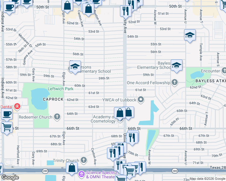 map of restaurants, bars, coffee shops, grocery stores, and more near 2515 61st Street in Lubbock
