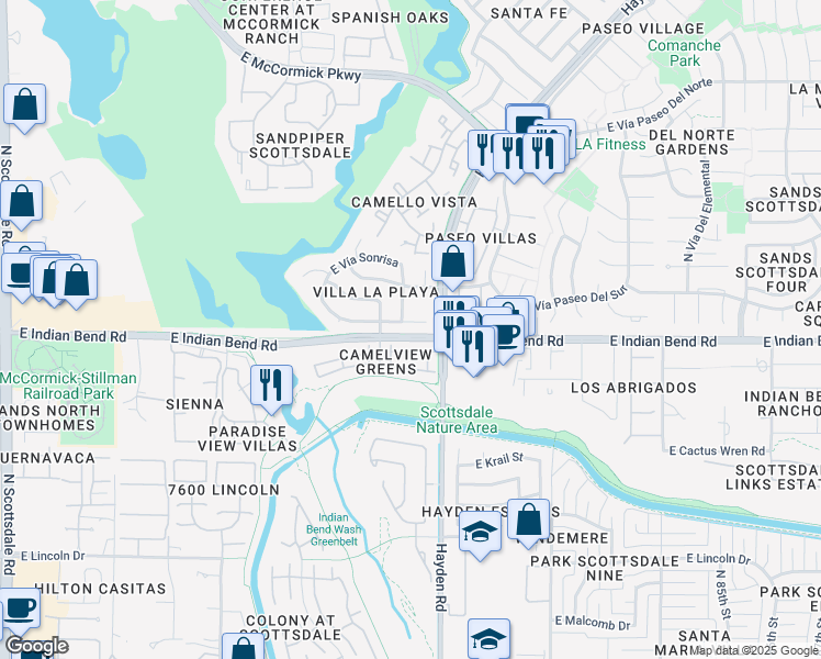 map of restaurants, bars, coffee shops, grocery stores, and more near 7904 East Pepper Tree Lane in Scottsdale