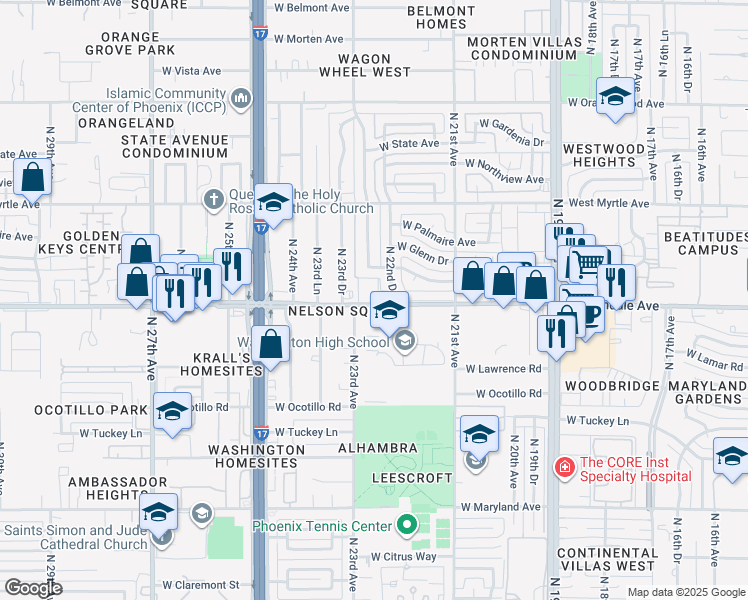 map of restaurants, bars, coffee shops, grocery stores, and more near 2228 West Glendale Avenue in Phoenix