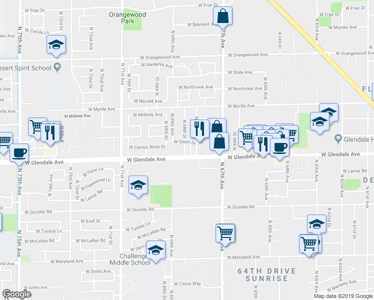 map of restaurants, bars, coffee shops, grocery stores, and more near 7002 North 68th Drive in Glendale
