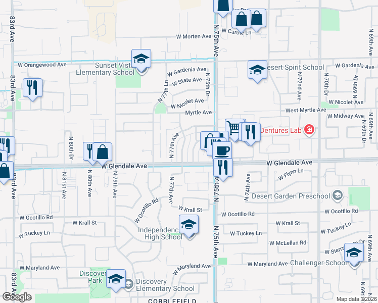 map of restaurants, bars, coffee shops, grocery stores, and more near in Glendale