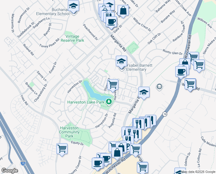 map of restaurants, bars, coffee shops, grocery stores, and more near 40128 Village Road in Temecula