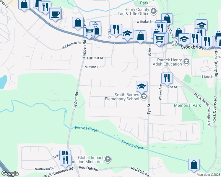 map of restaurants, bars, coffee shops, grocery stores, and more near 148 Appleton Boulevard in Stockbridge