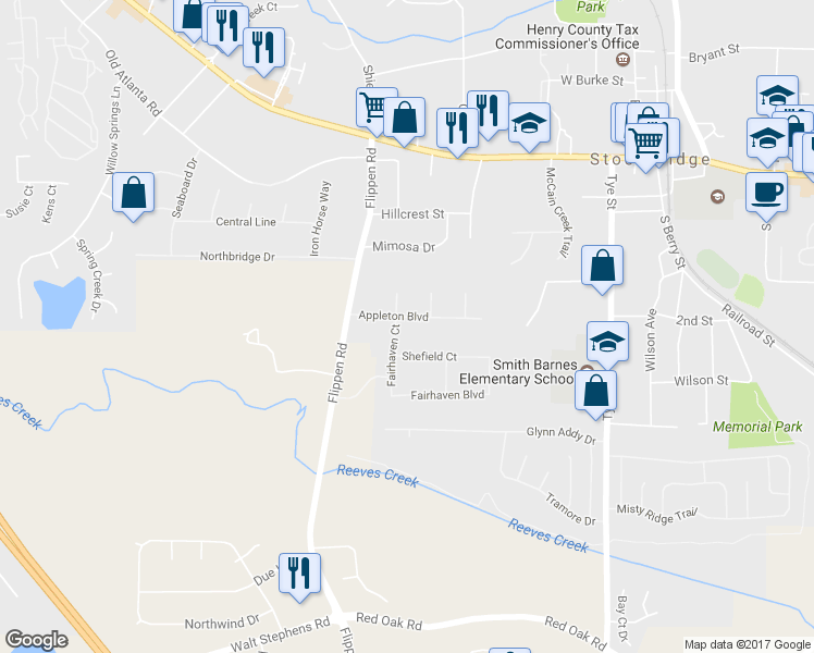 map of restaurants, bars, coffee shops, grocery stores, and more near 124 Appleton Boulevard in Stockbridge